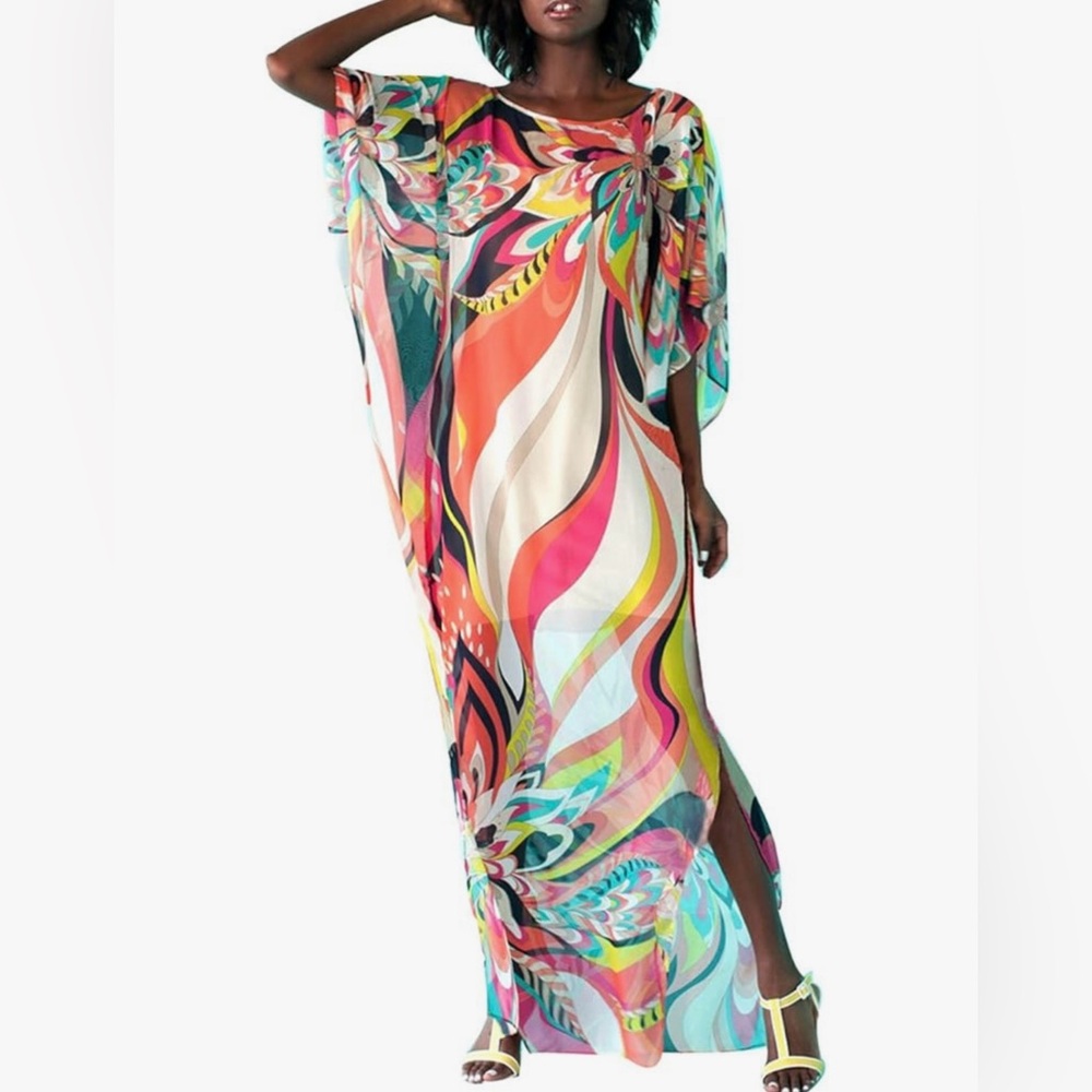 Vibrant Multi-Color Printed Women’s Swim Cover-Up Caftan